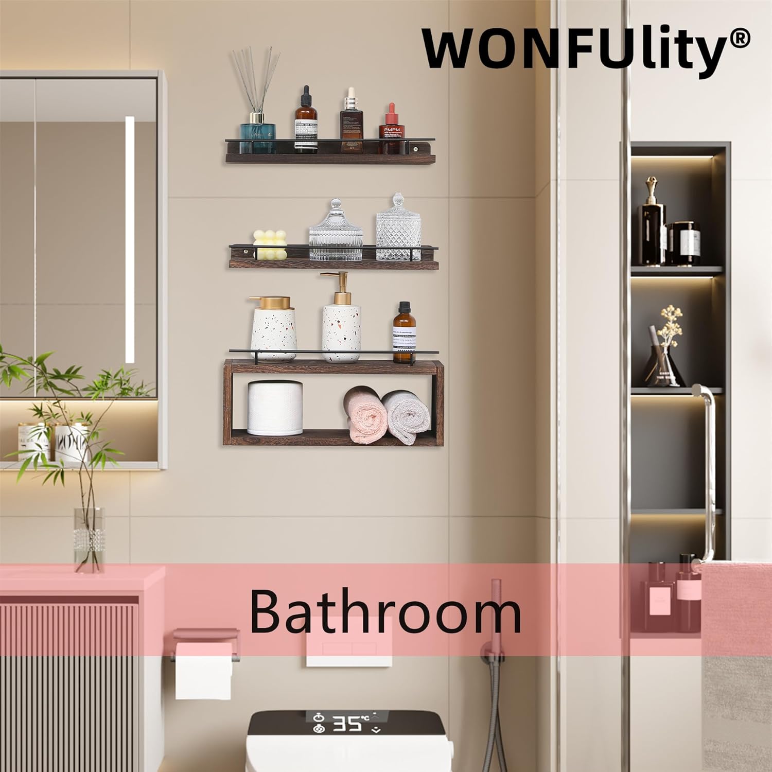 WONFUlity Floating Bathroom Shelves with Toilet Paper Holder