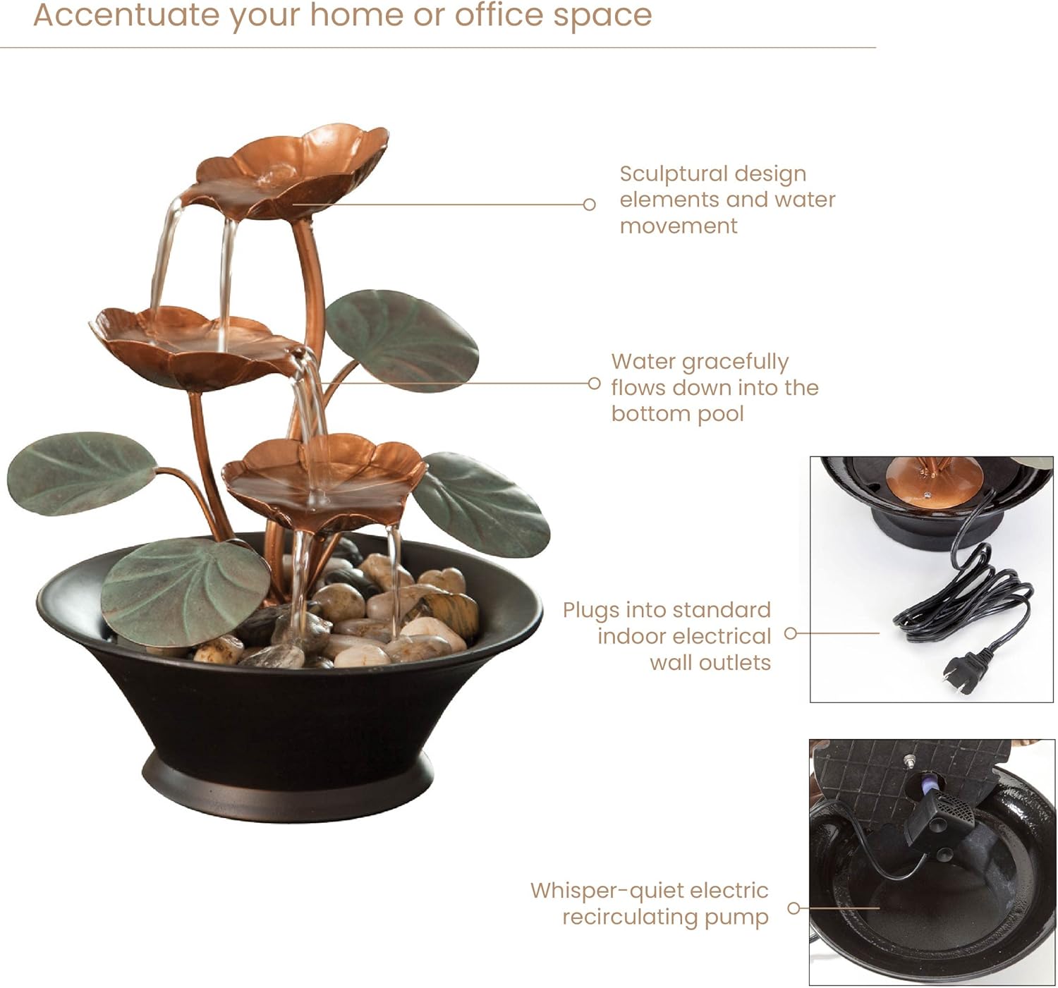 Bits and Pieces Indoor Water Lily Fountain - Compact Decor with Copper Blooms