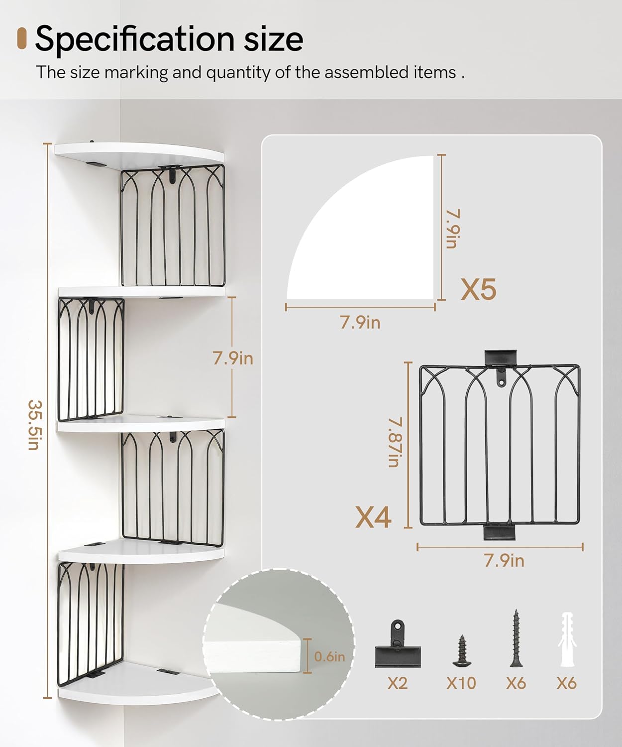 Modern 5-Tier White Corner Floating Shelf Wall Mount