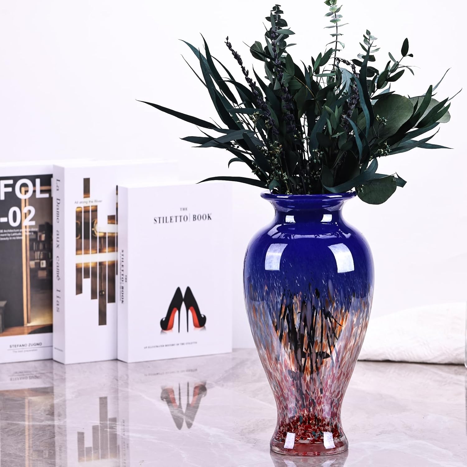 118 Tall Blown Blue Glass Vase with Red Base