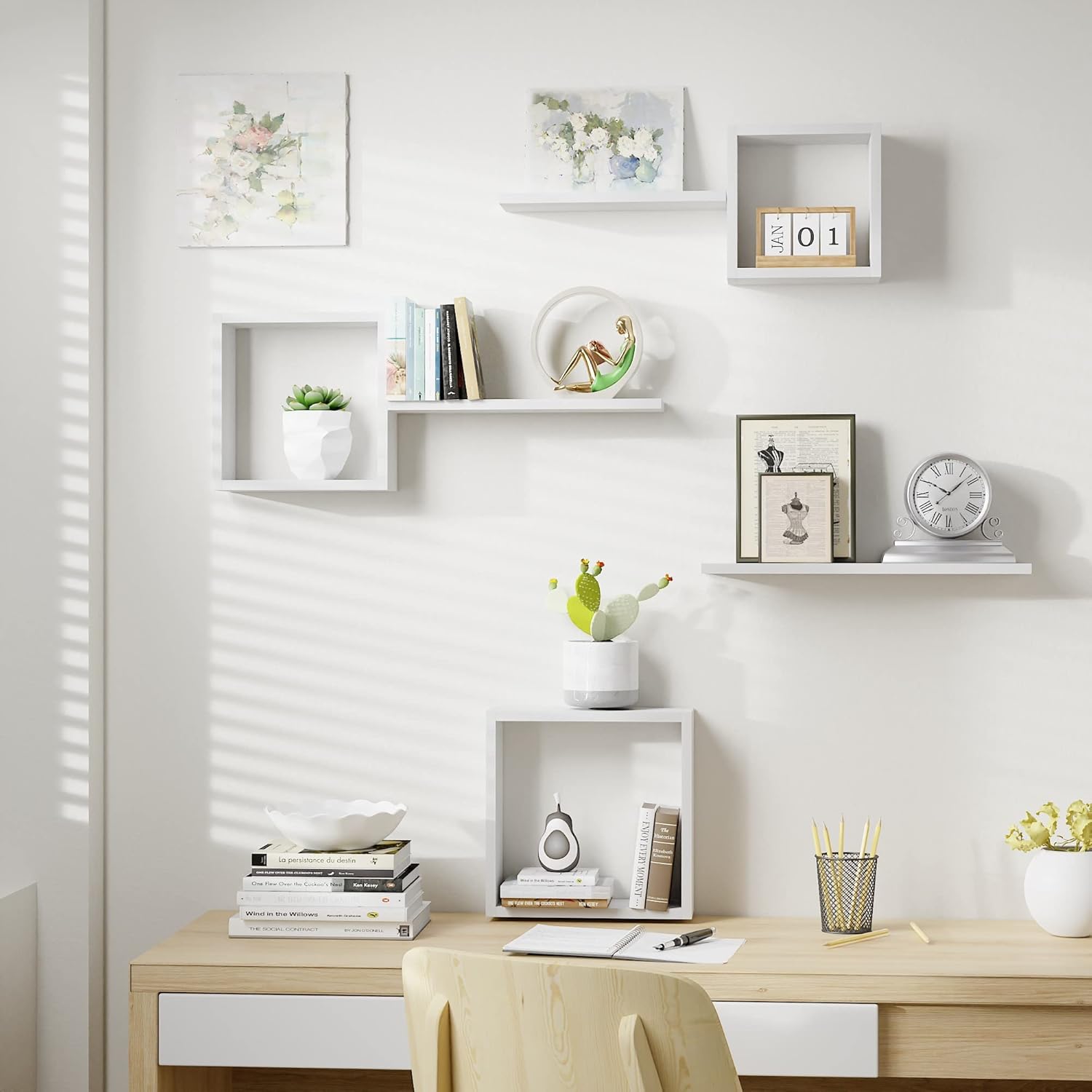 LUDORU Floating Cube Shelves Set of 6 White