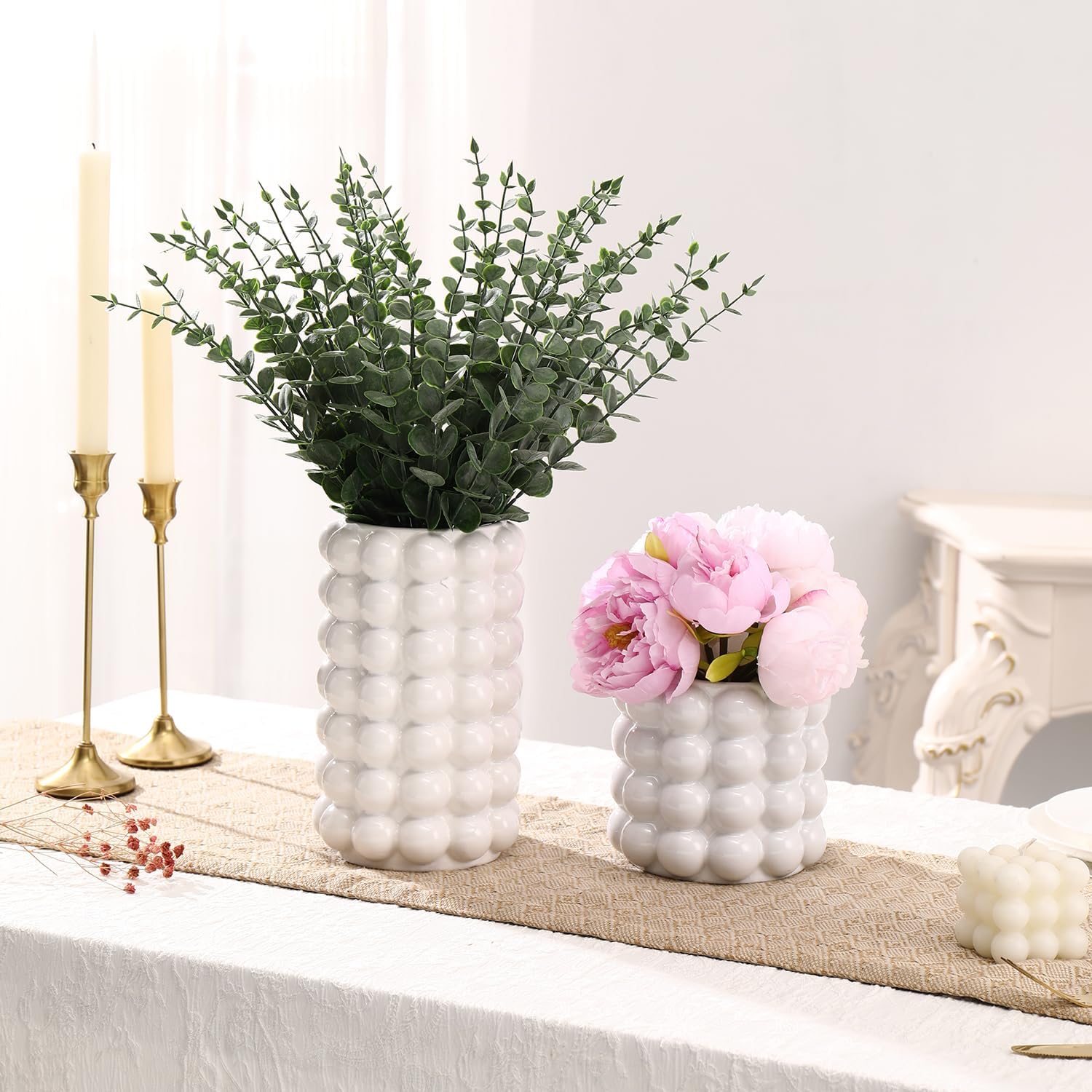Set of 2 White Bubble Vases for Table Decor