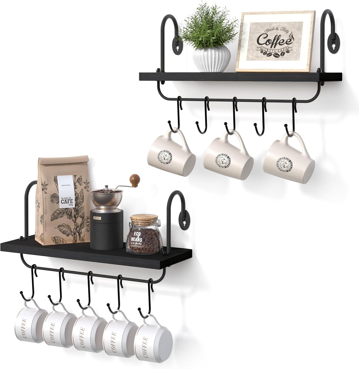 Olakee Floating Wall Shelves Set of 2 with 10 Adjustable Hooks Black