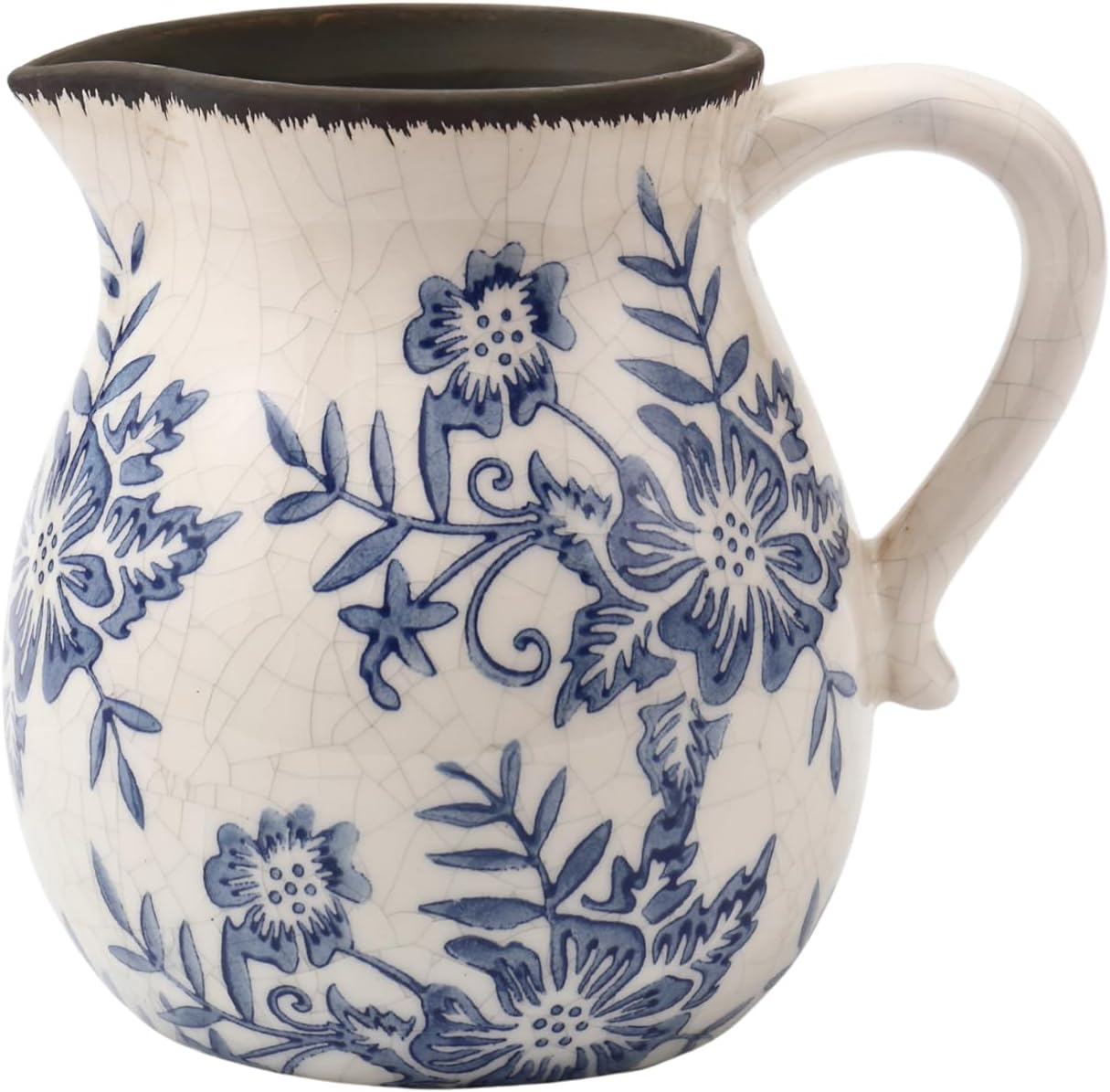 Vintage Flower Vase with Handle Blue and White Ceramic