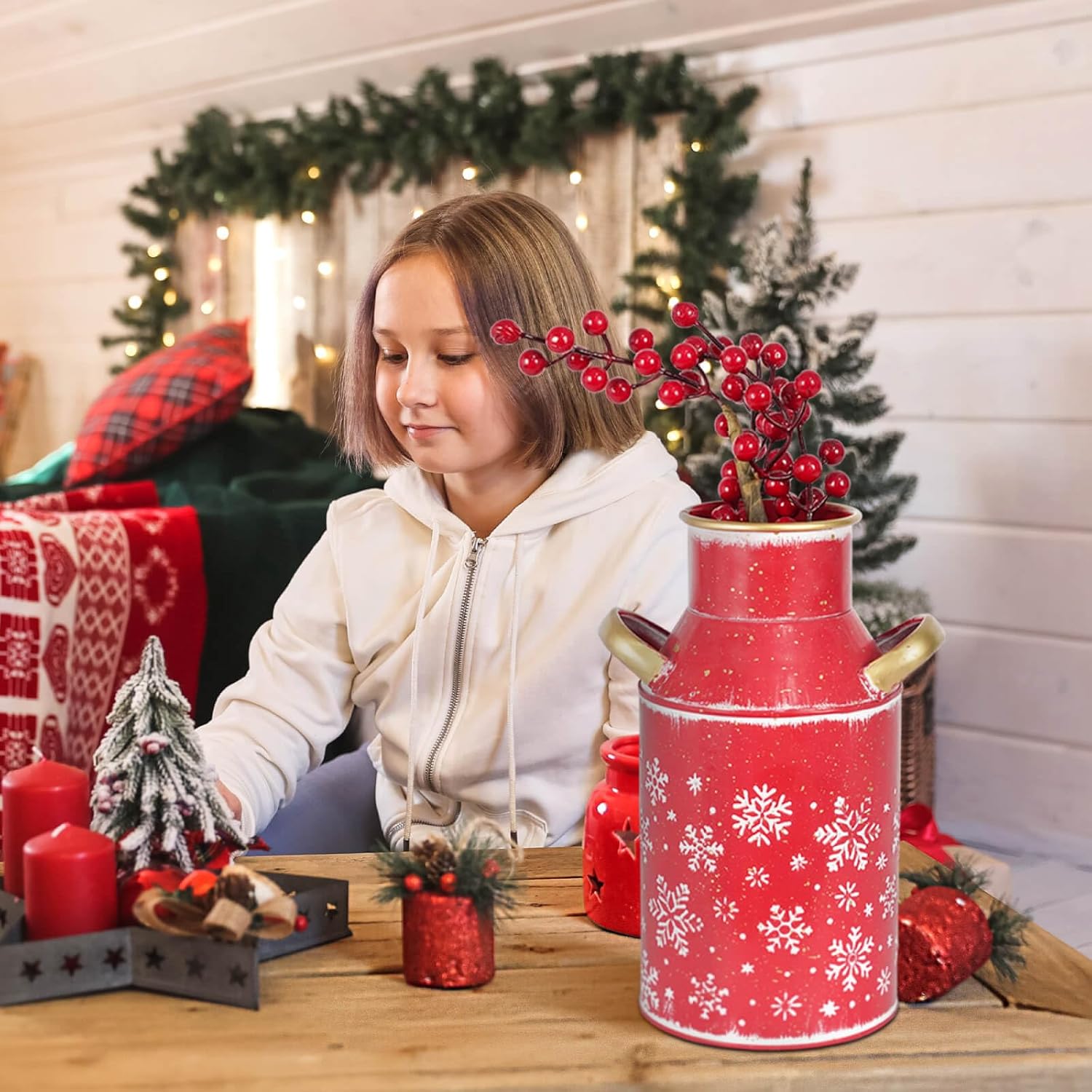 Galvanized Red Milk Can Christmas Decor Vase with Gold Handles