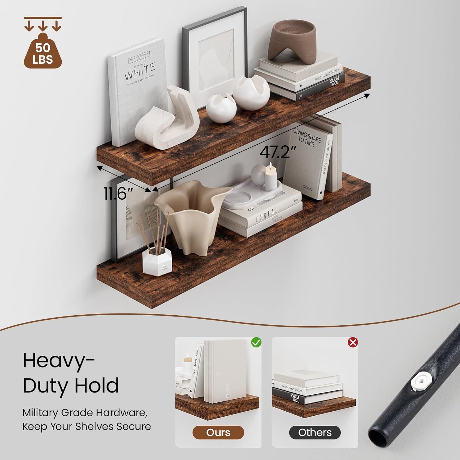 48W x 12D Floating Shelf Set of 2 Rustic Brown