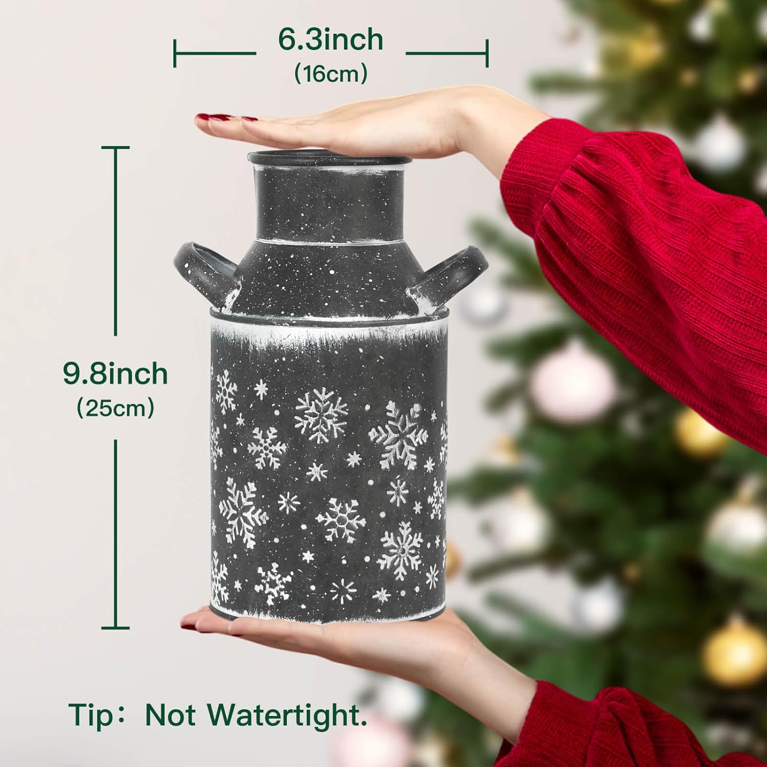 Galvanized Gray Metal Vase with Snowflake Design