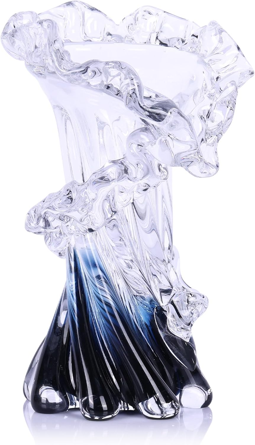 Hand Blown Blue Glass Vase for Home Decor