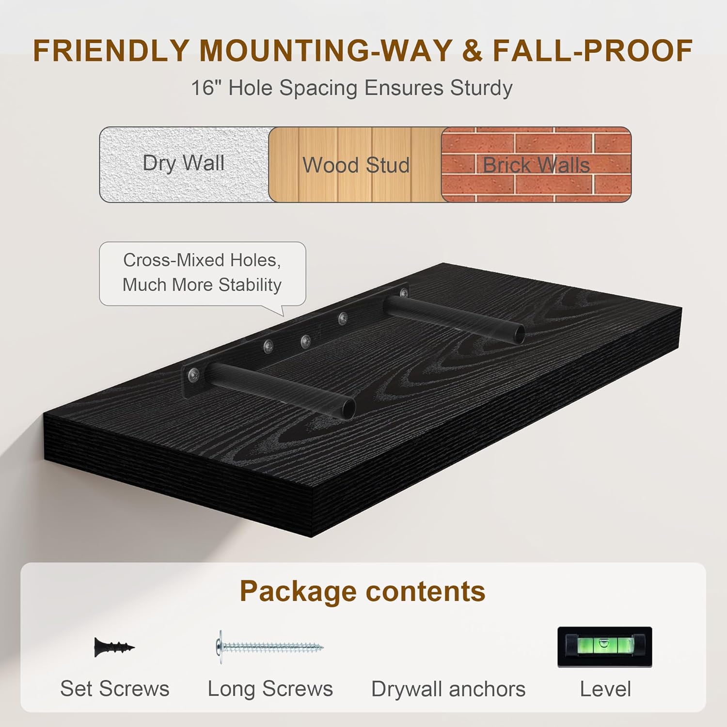 Fun Memories Black Floating Shelves 8 Inch Deep Set of 2