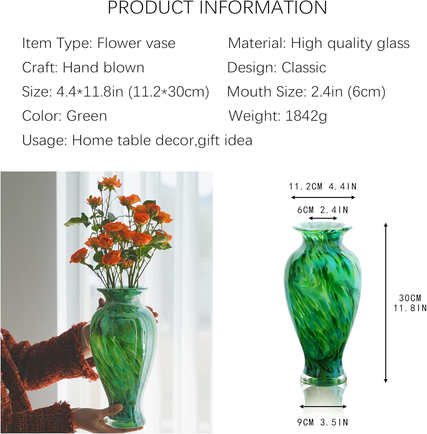 Hand Blown Green Classic Vase for Home Decor