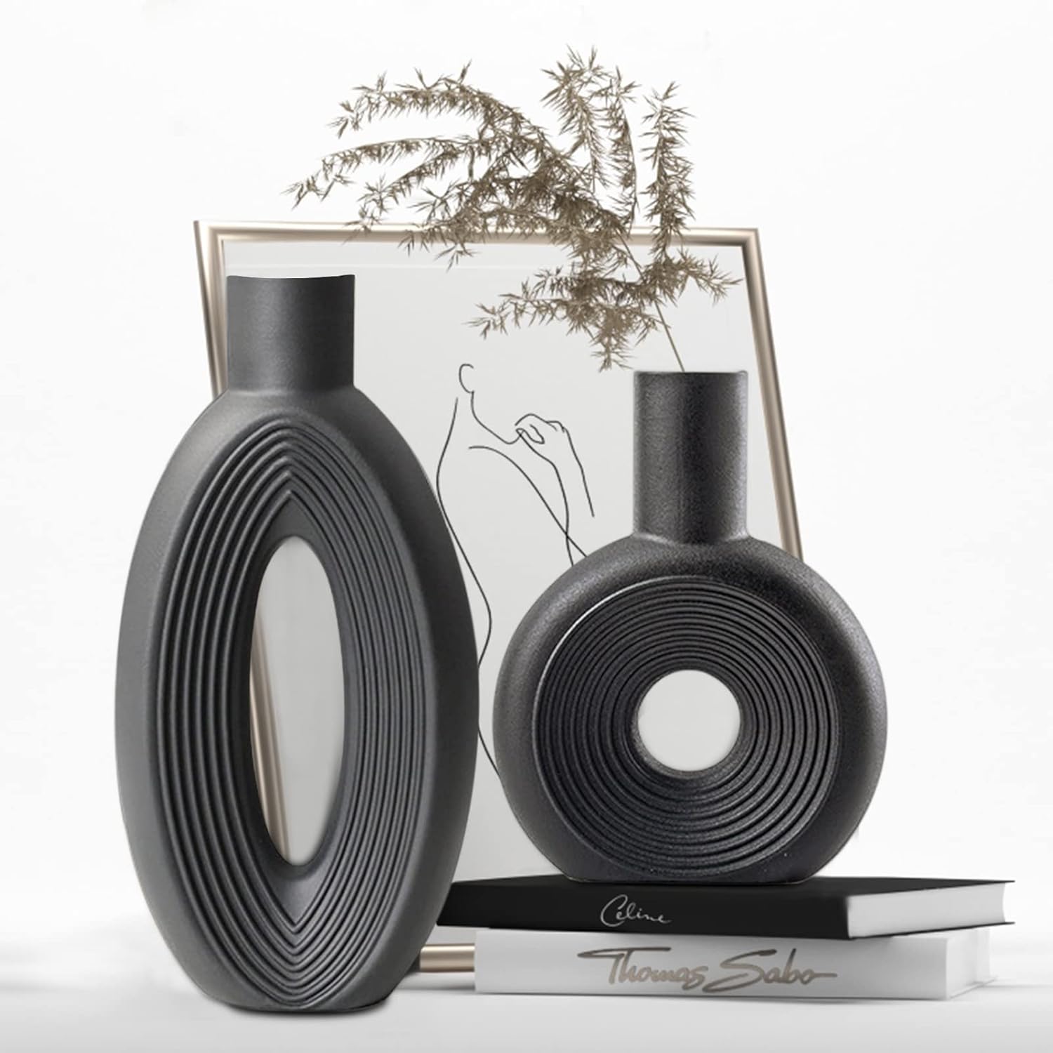 LZV Ceramic Vase Set of 2 Black Minimalist Nordic Boho Style
