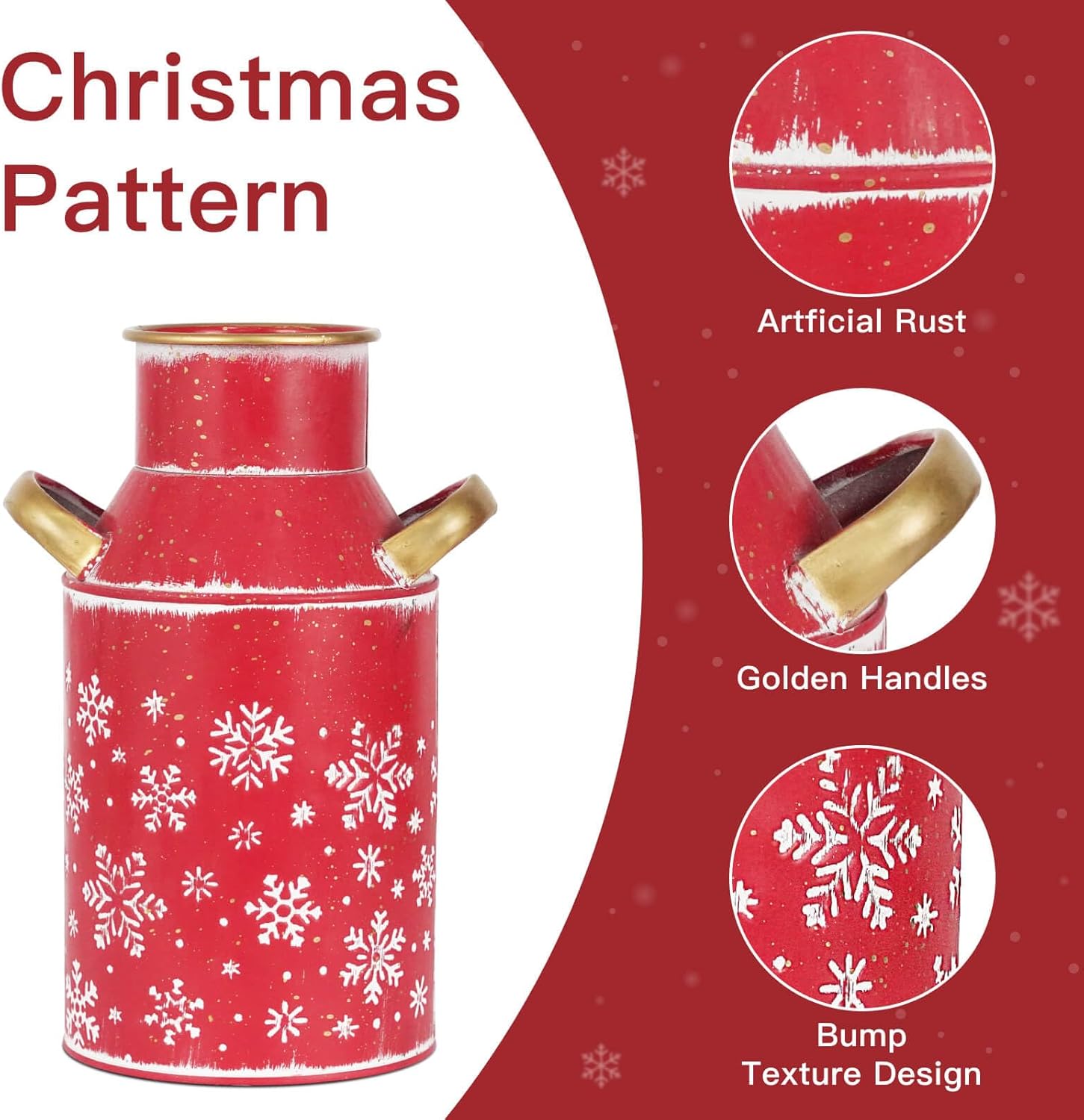 Galvanized Red Milk Can Christmas Decor Vase with Gold Handles