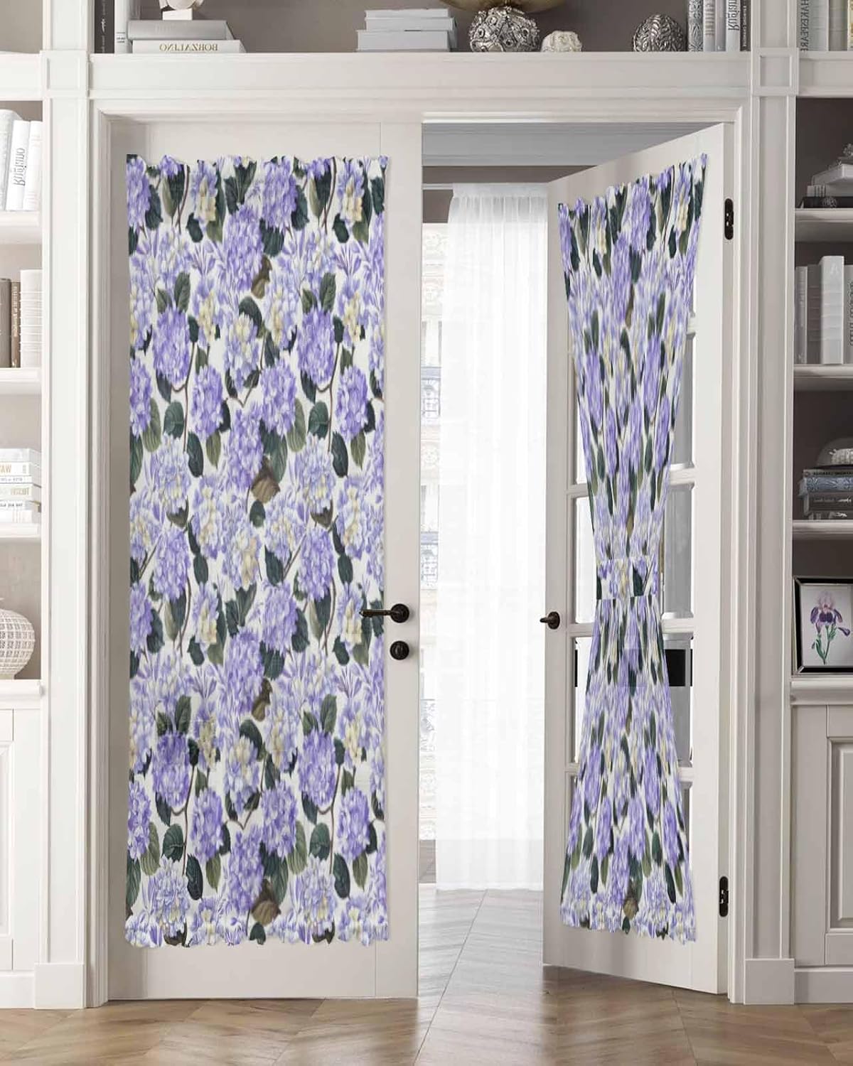Purple Spring Floral French Door Curtain Watercolor Flowers Pastoral Sheer Door Panels 54W X 72L
