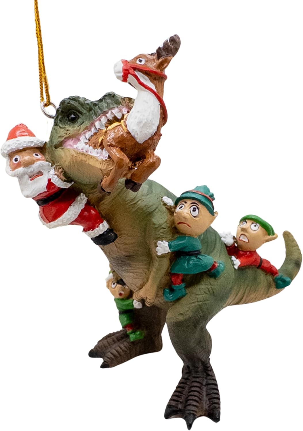 Santa and Elves Saving Reindeer from T-Rex Christmas Tree Ornament
