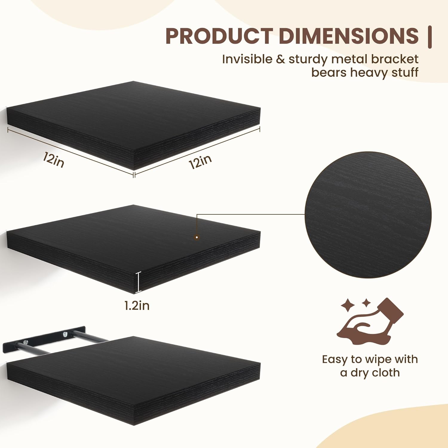 Fun Memories Set of 3 Black Floating Shelves 12 Inch Square