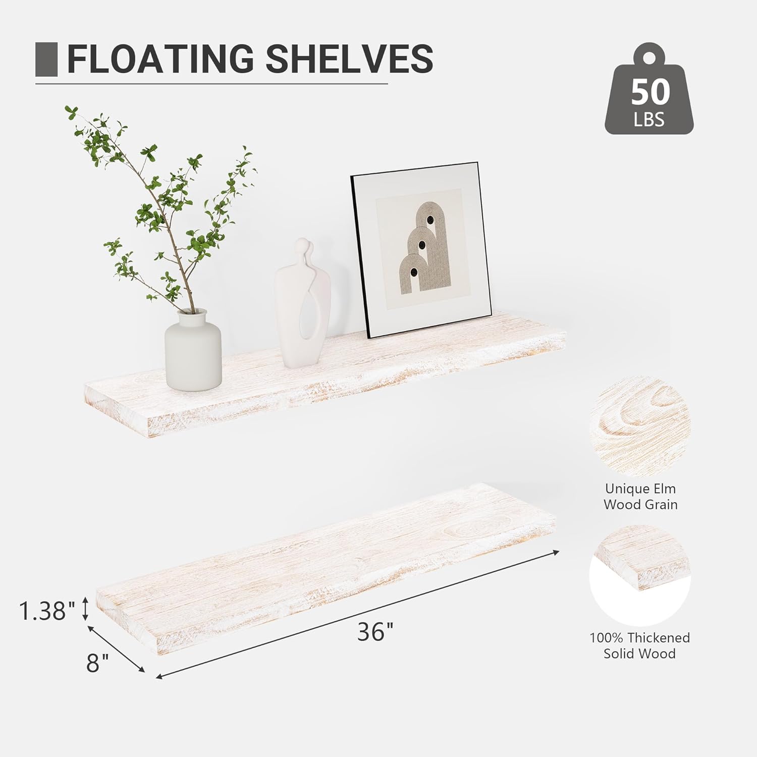 Vivelove Elm Wood Floating Book Shelves 36x8x14 Inch