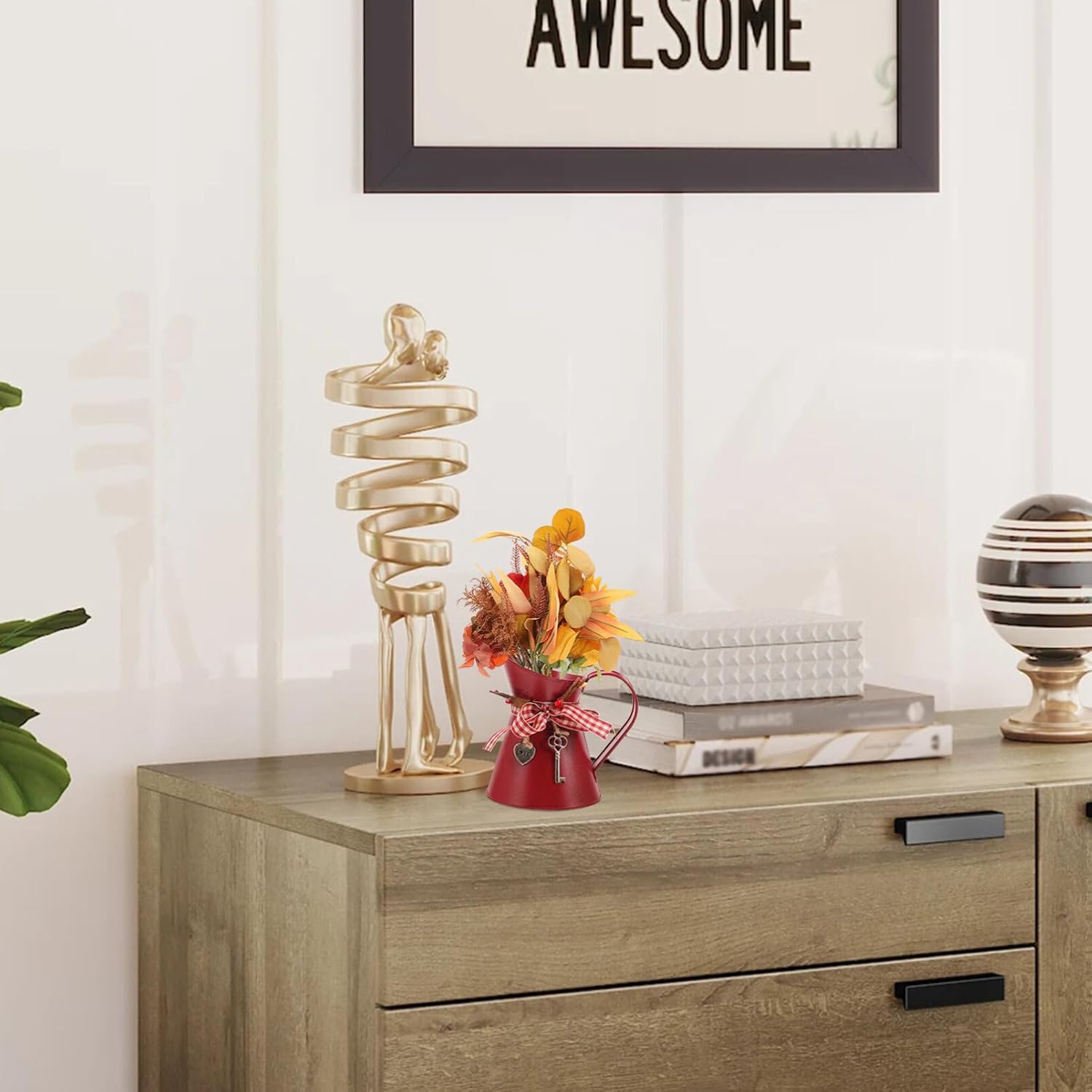 Uonlytech Vintage Dark Red Galvanized Metal Pitcher Holder Vase