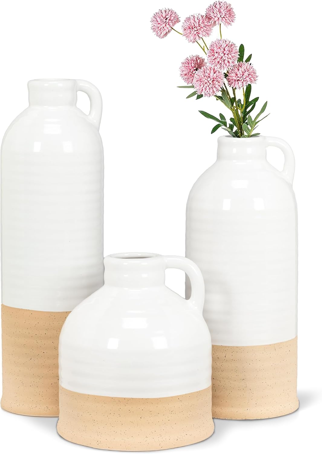 Abbott Collection White and Natural Shiny Matte Vase with Handle Medium
