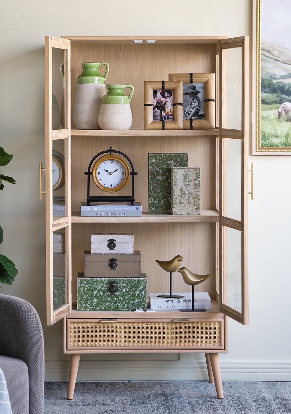 8 Tall Decorative Ceramic Jug Vase with Glossy Green and Natural Tan Finish