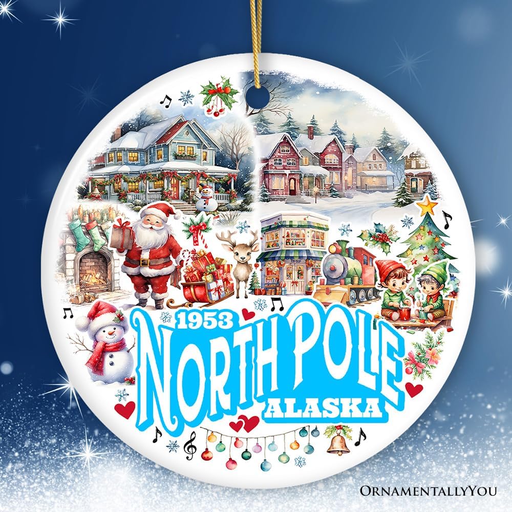 Alaska North Pole City Christmas Ornament with Santa and Elf Designs