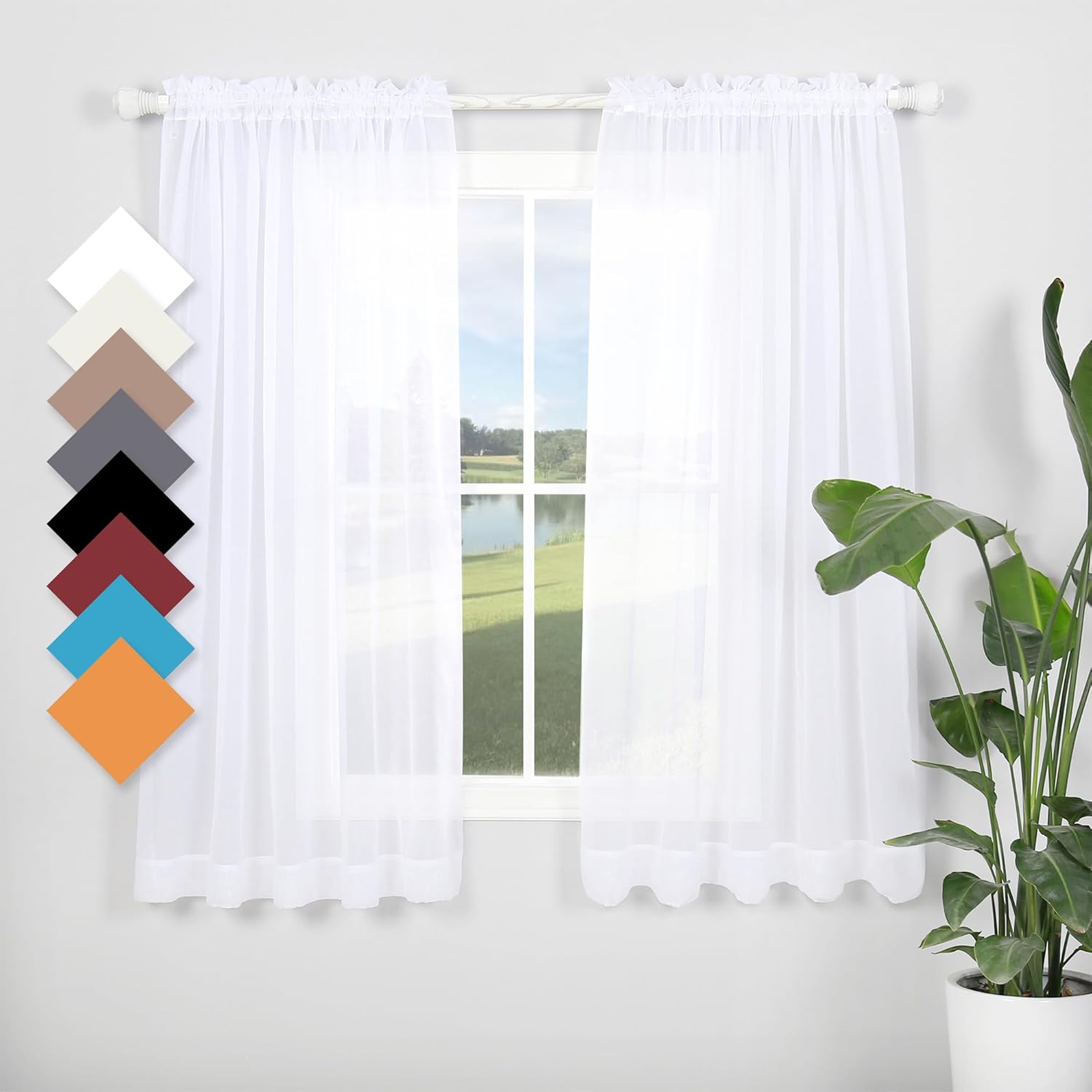 White Sheer Curtains 59x54 Inch 2 Panels Set - Light Filtering Elegant Rod Pocket Curtains for Bedroom and Living Room
