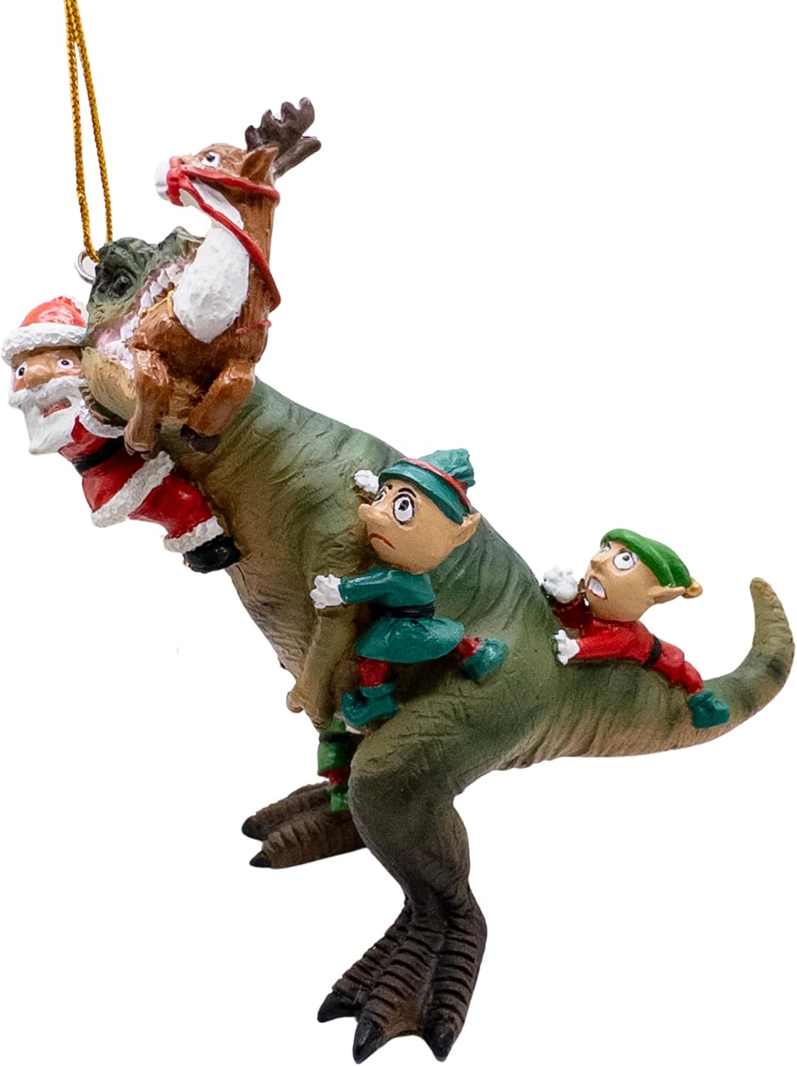 Santa and Elves Saving Reindeer from T-Rex Christmas Tree Ornament
