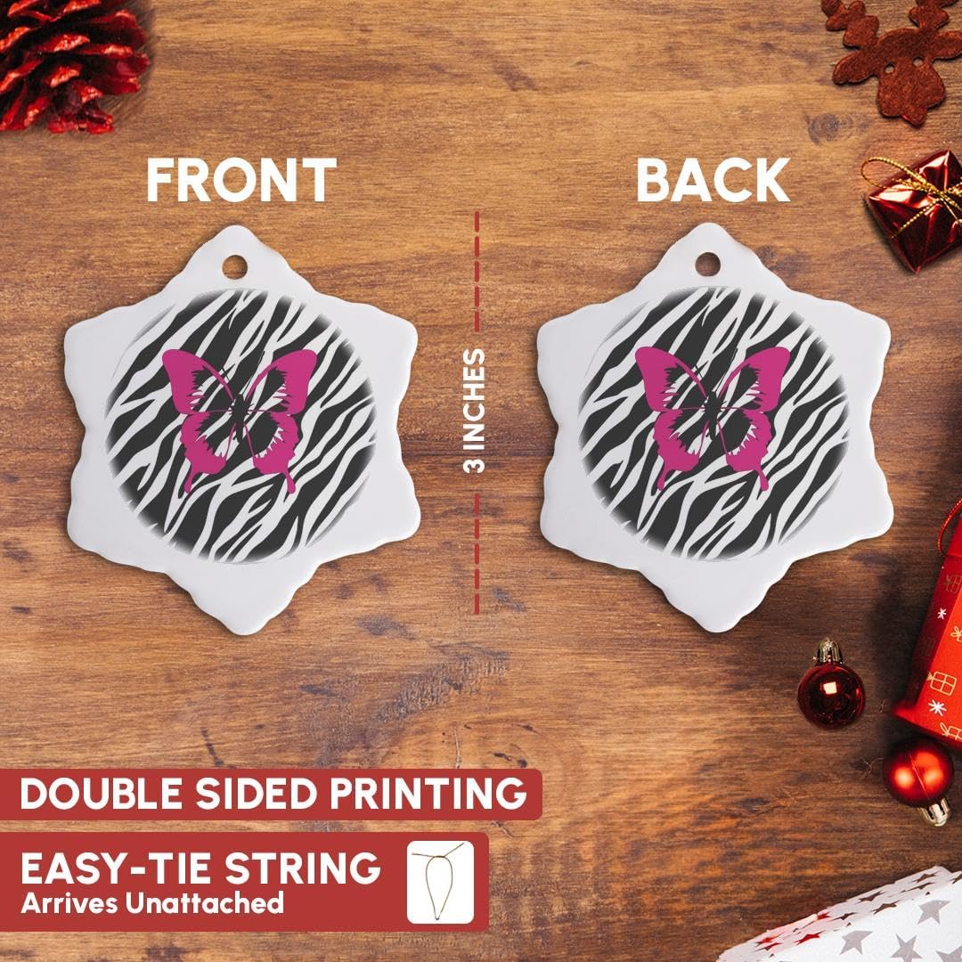 3dRose Trendy Fuchsia Butterfly Zebra-Snowflake Ornament 3 Inch Porcelain
