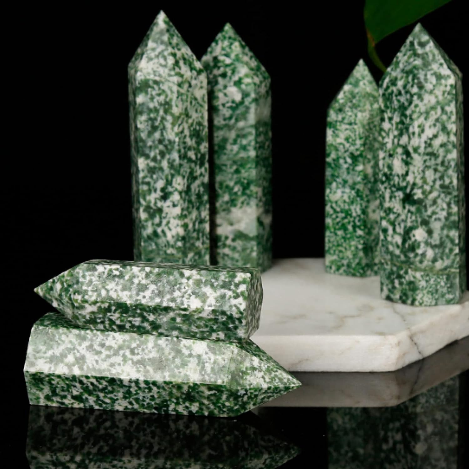 ERNZI Natural Green Spotted Stone Hexagon Tower Ornament