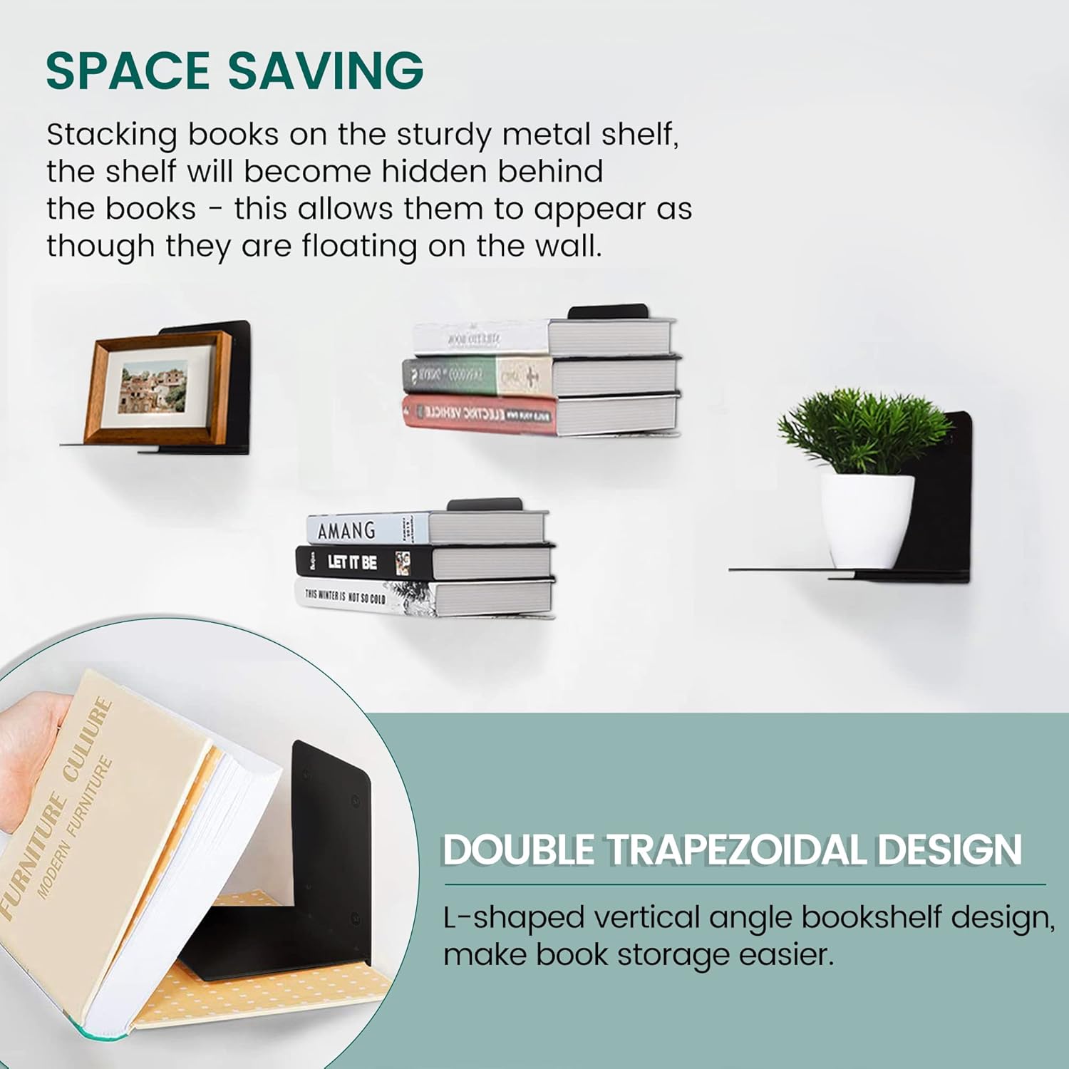 STORAGE MANIAC Floating Book Shelves 4-Pack Black Large