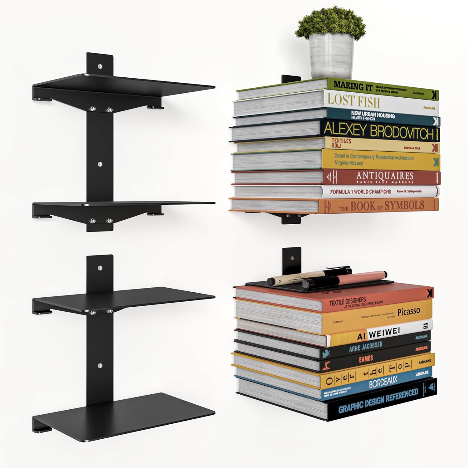 Fun Memories Invisible Floating Bookshelves 4 Tier Metal 2 Pack Black