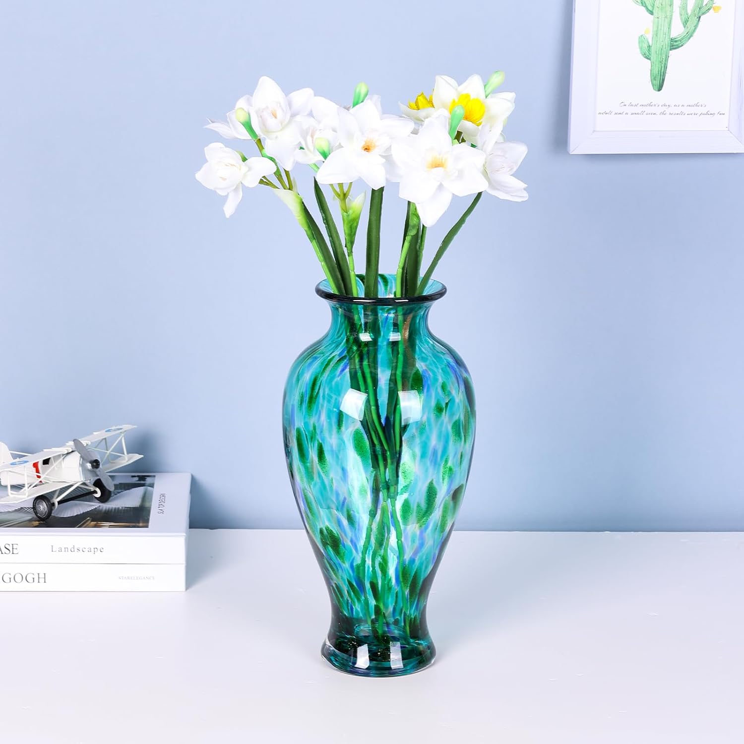118 Inch Tall Teal Glass Vase with Green Base