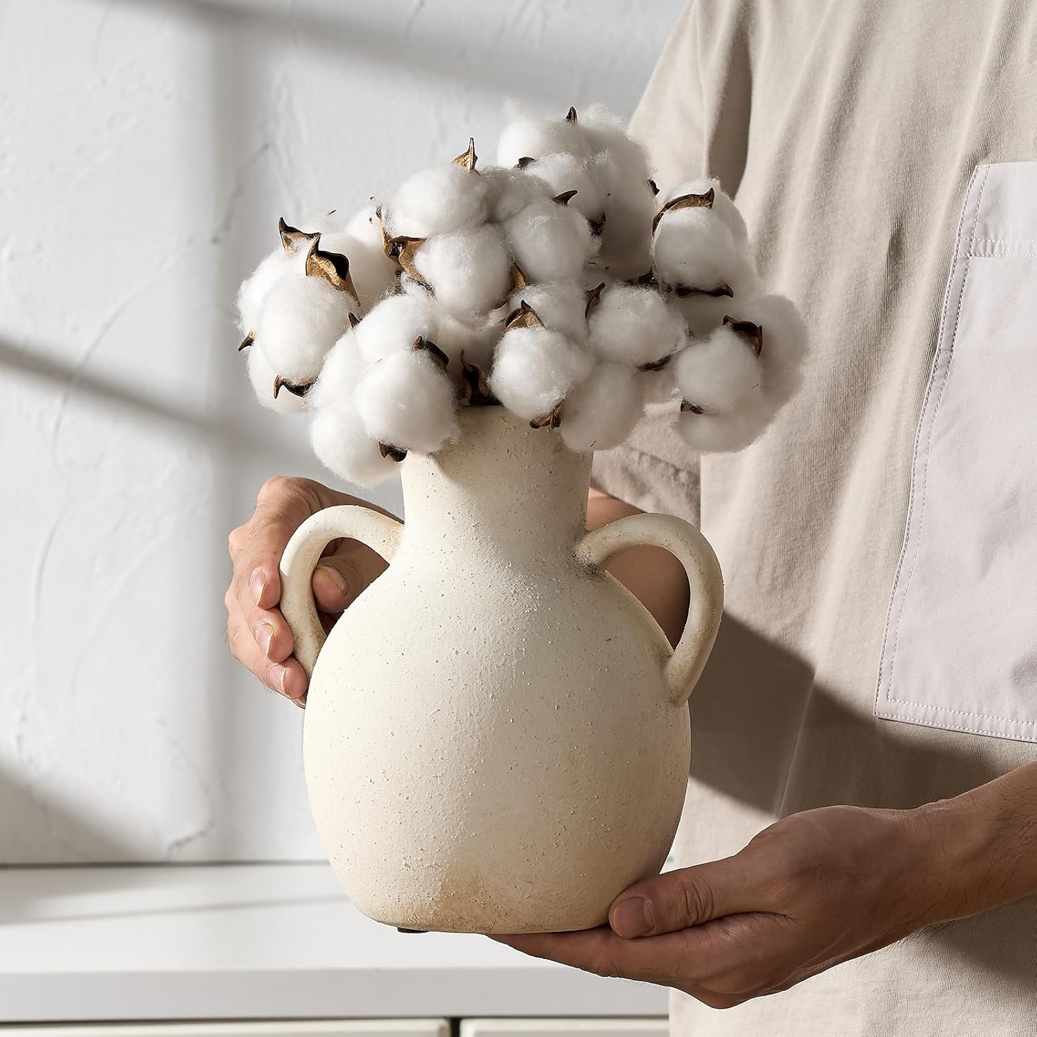 SIDUCAL Rustic Ceramic Farmhouse Flower Vase with 2 Handles 73 Inch