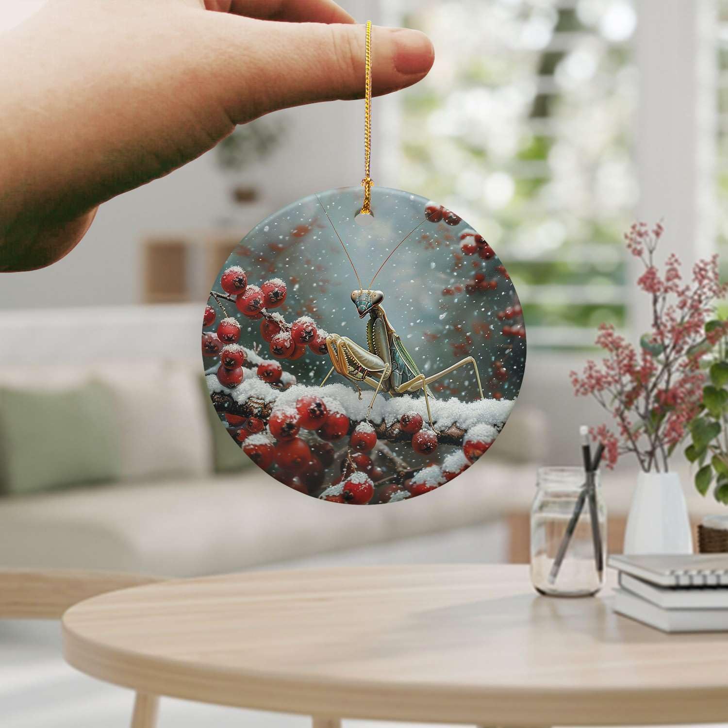 Snowy Berry Praying Mantis 3 Ceramic Ornament for Home Decor