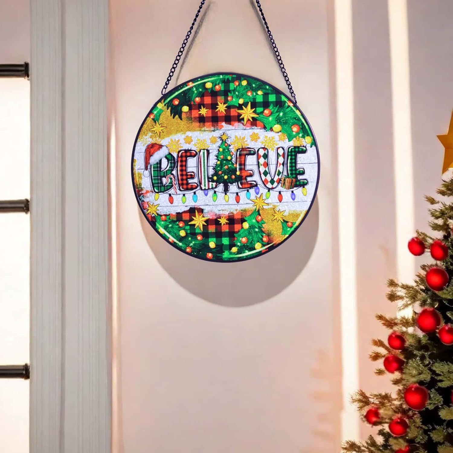 Hand-Painted Christmas Glass Suncatcher Hanging Ornament