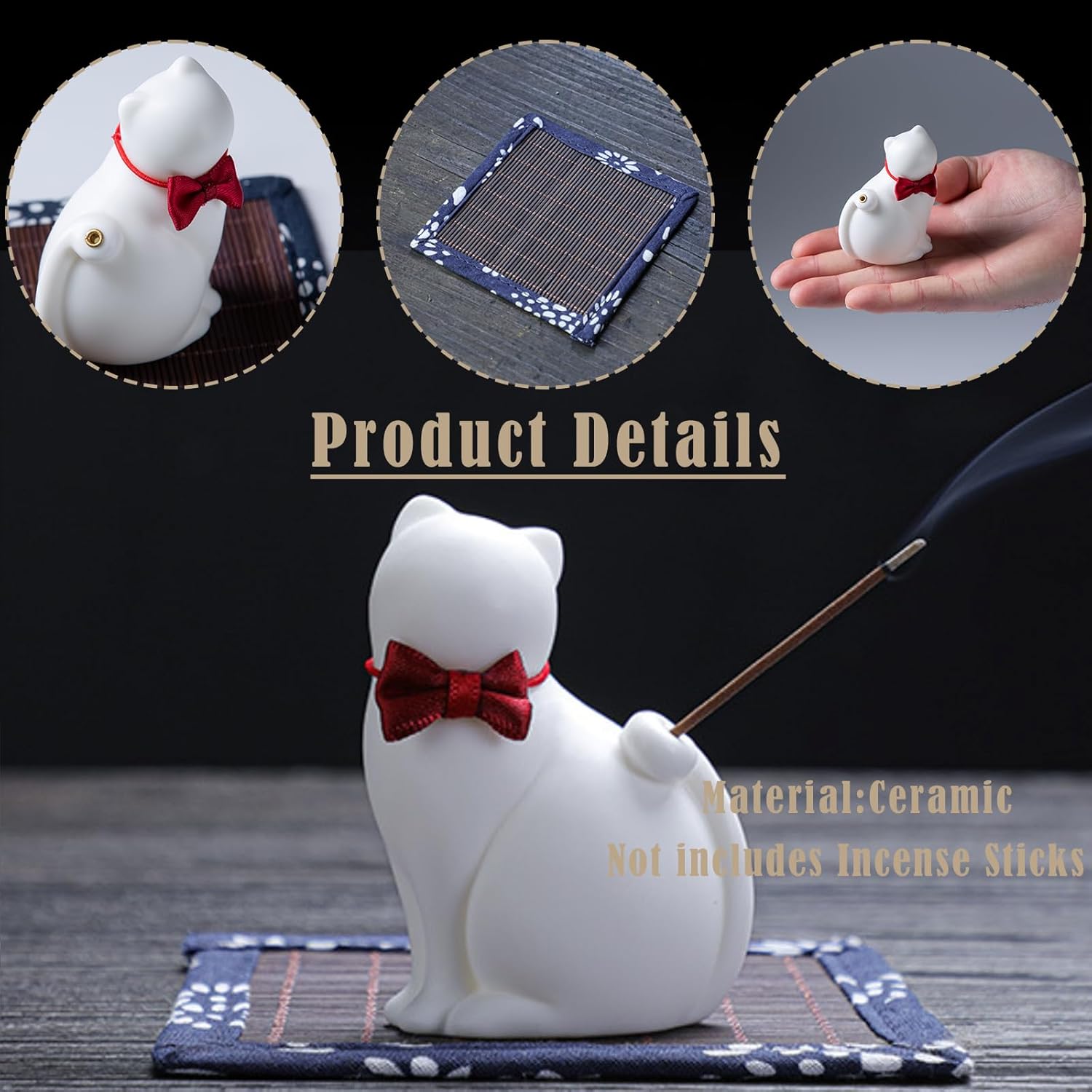 JFGLORIX Incense Holder Handmade Ceramic Cat