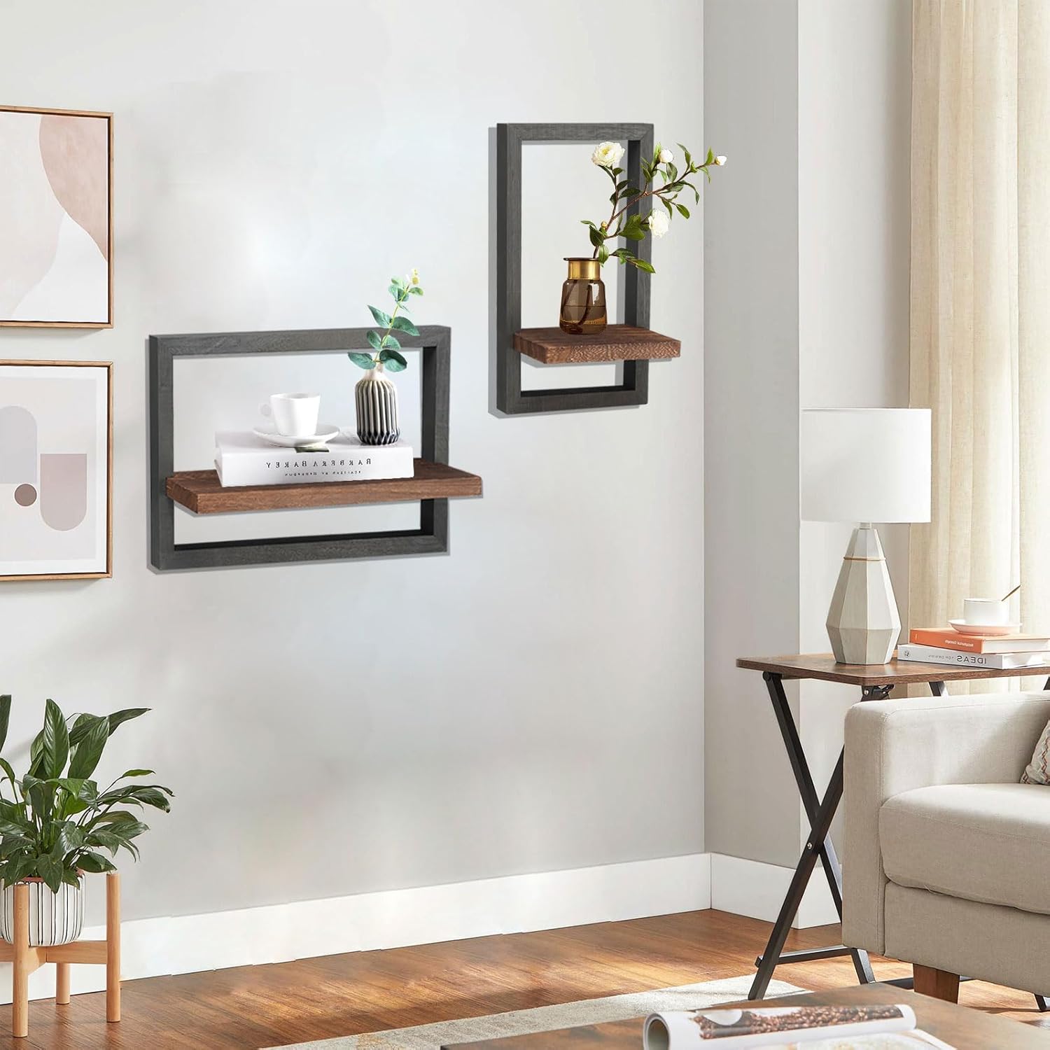 Qivine 2Pcs Black Wood Wall Shelves Square Floating Frame Design