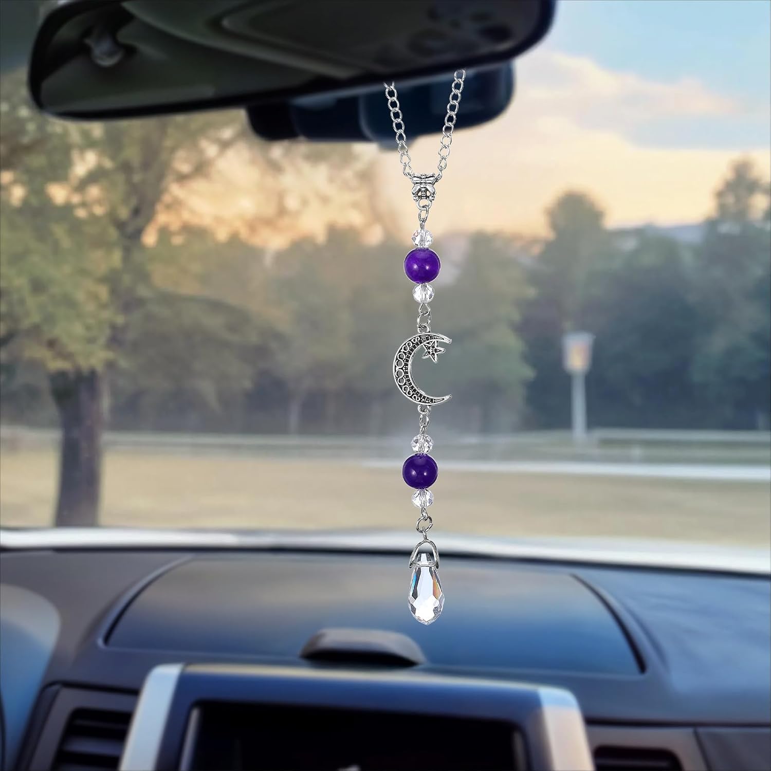 Moon Star Car Mirror Charm with Amethyst Crystal