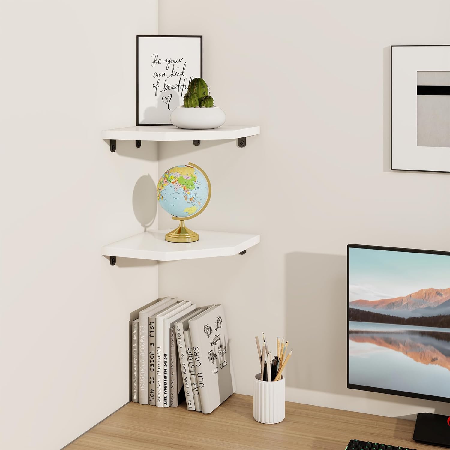 Fun Memories Corner Shelf Wall Mount Solid Oak Floating Shelves with Cable Hole 85in Rustic Design