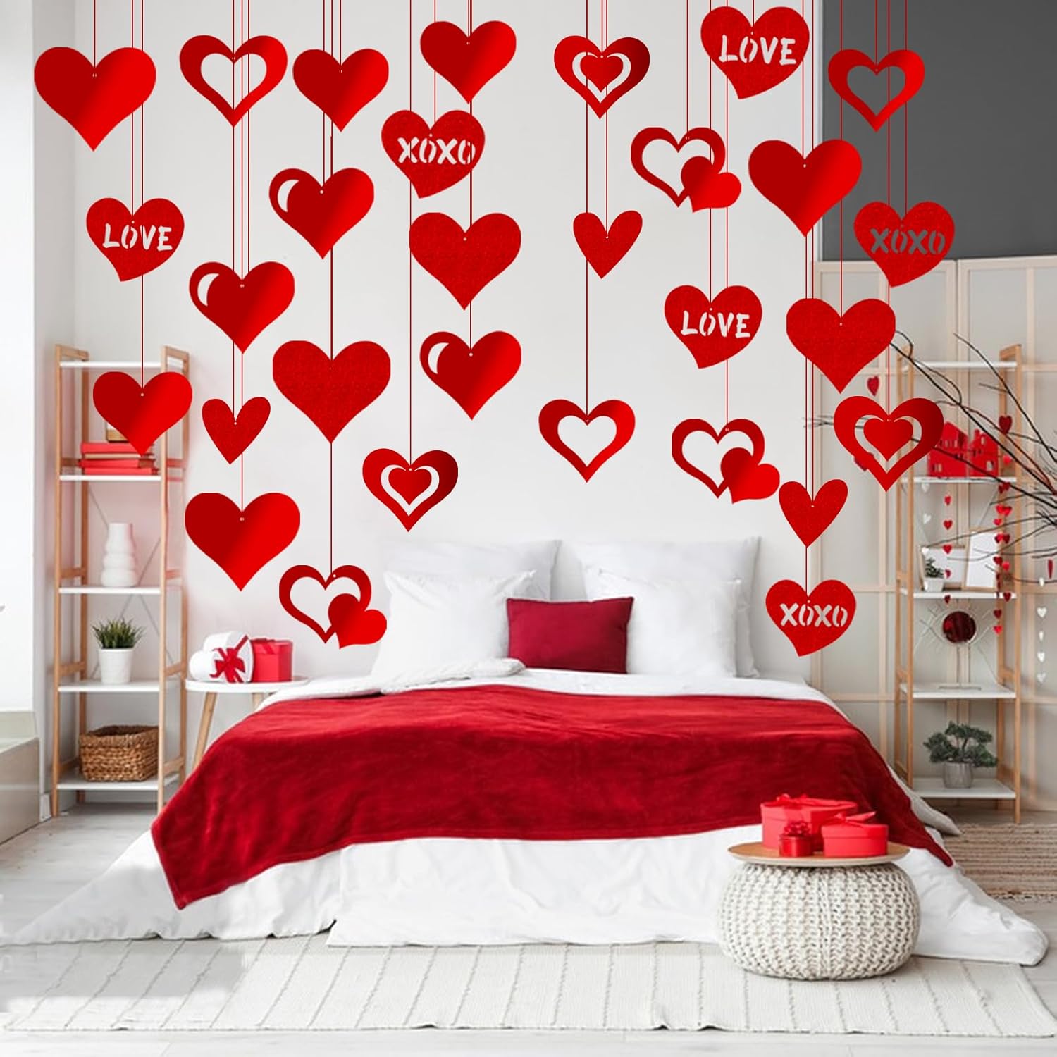 Red Glitter Heart Hanging Decorations 30 Pcs Foil Valentine Set