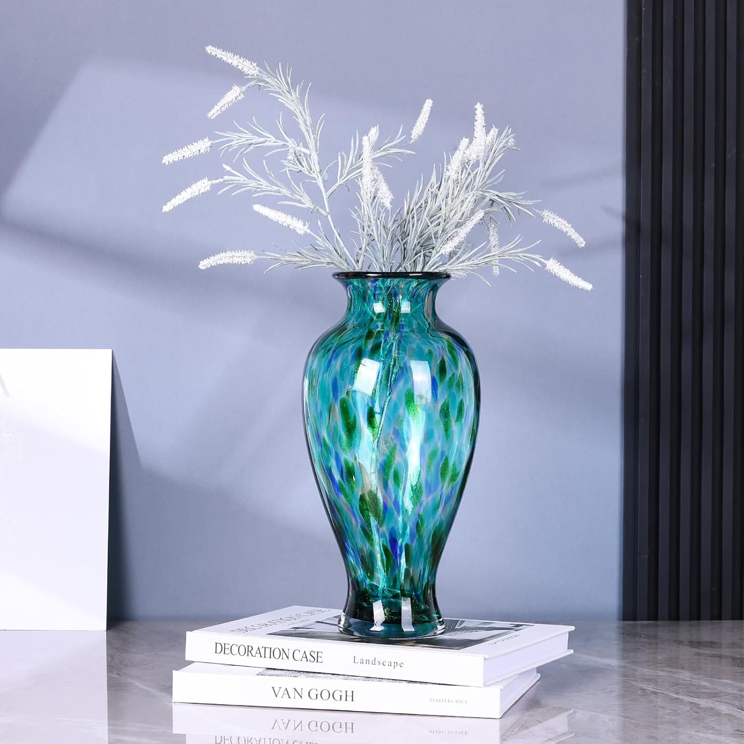 118 Inch Tall Teal Glass Vase with Green Base