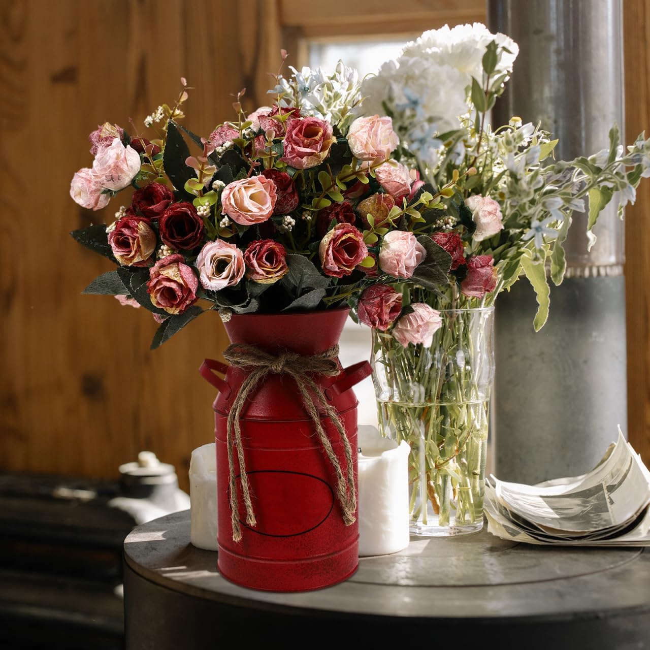 Retro Style Bucket Iron Flower Barrel Farmhouse Decor Vase