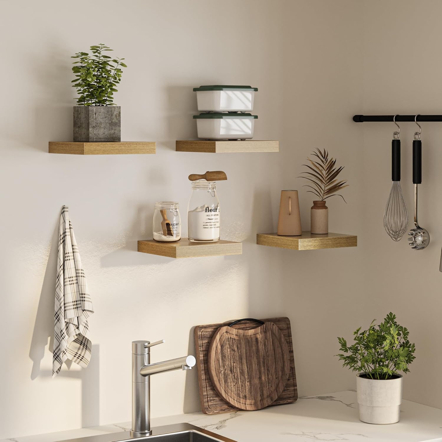 Square Floating Shelves for Wall Set of 4 Oak