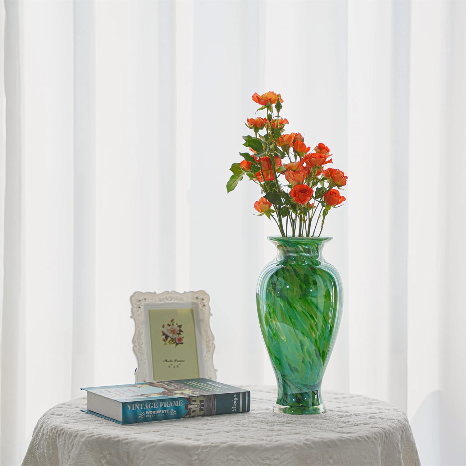Hand Blown Green Classic Vase for Home Decor