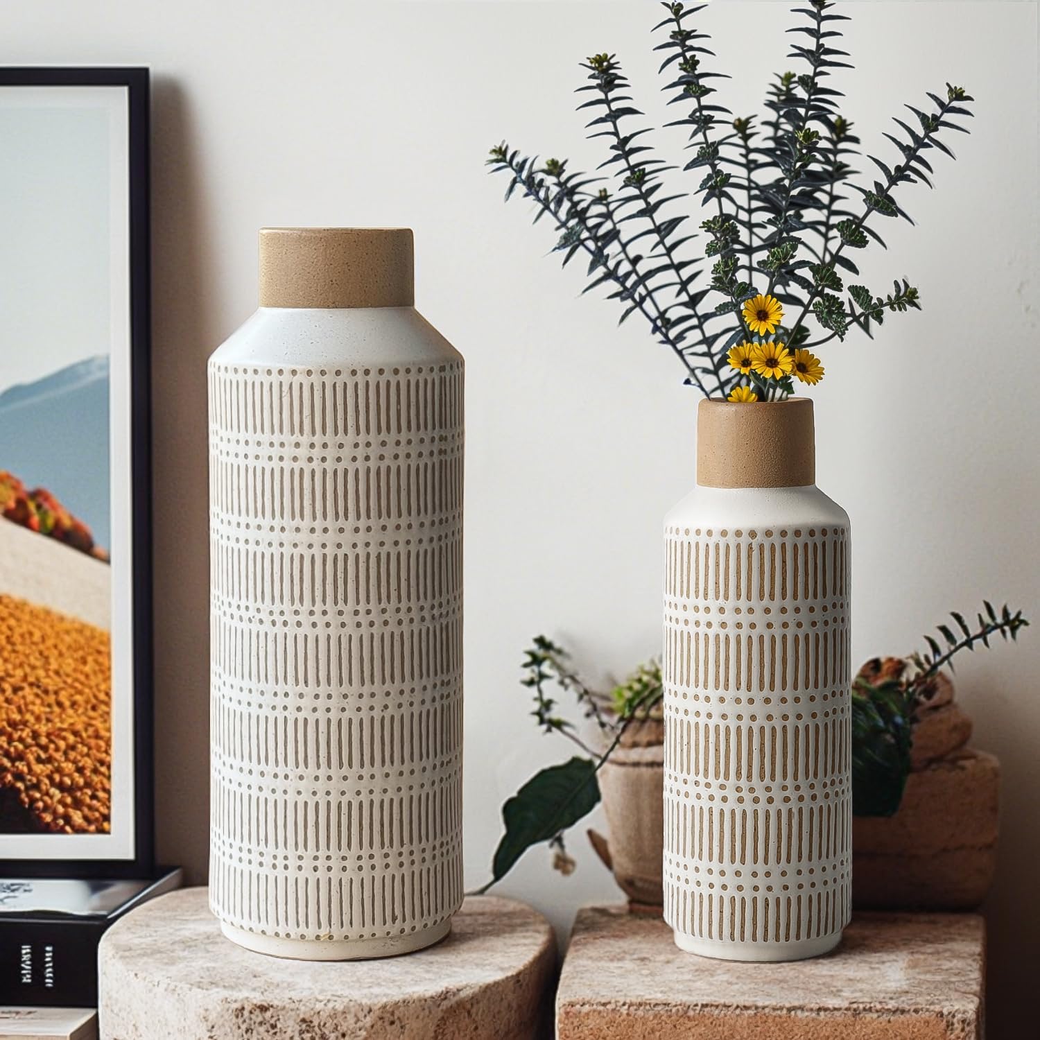 LIZOFER Rustic Ceramic Vase Set of 2 for Living Room Bedroom Farmhouse Decor