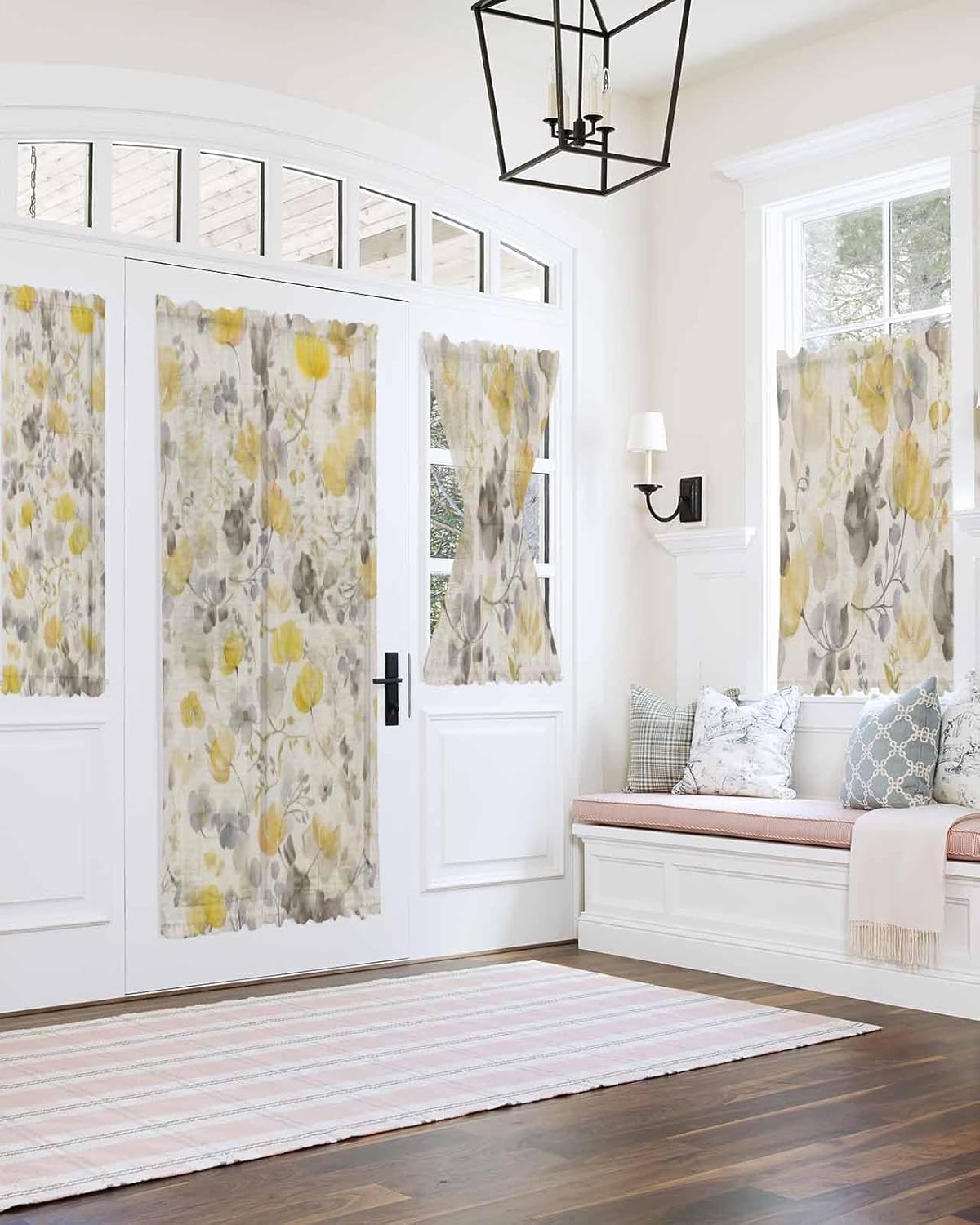 Yellow Flowers Door Curtains with Tiebacks for French Doors