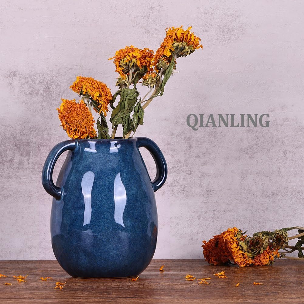 Blue Ceramic Vase with 2 Handles Modern Farmhouse Decor