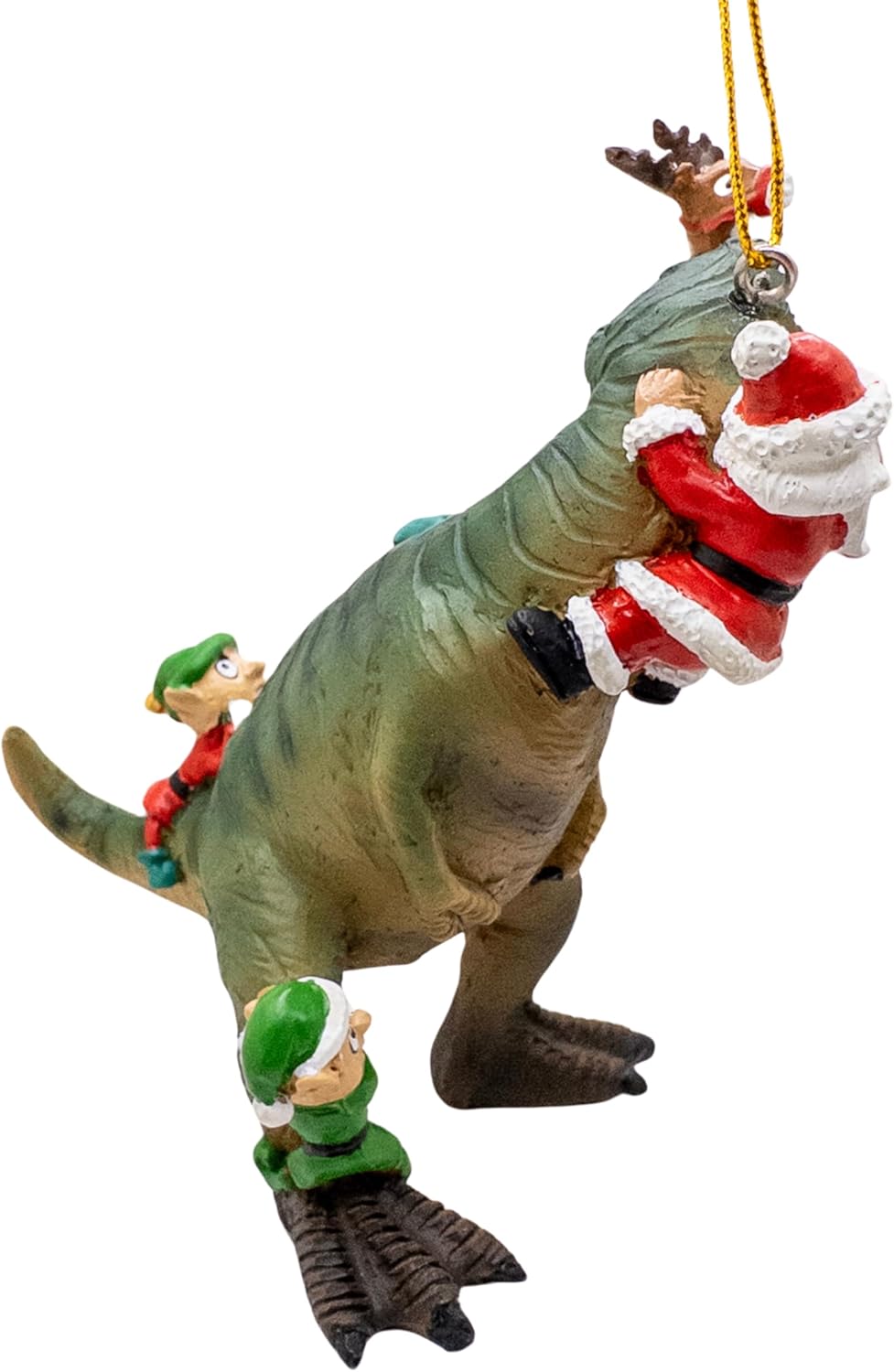 Santa and Elves Saving Reindeer from T-Rex Christmas Tree Ornament