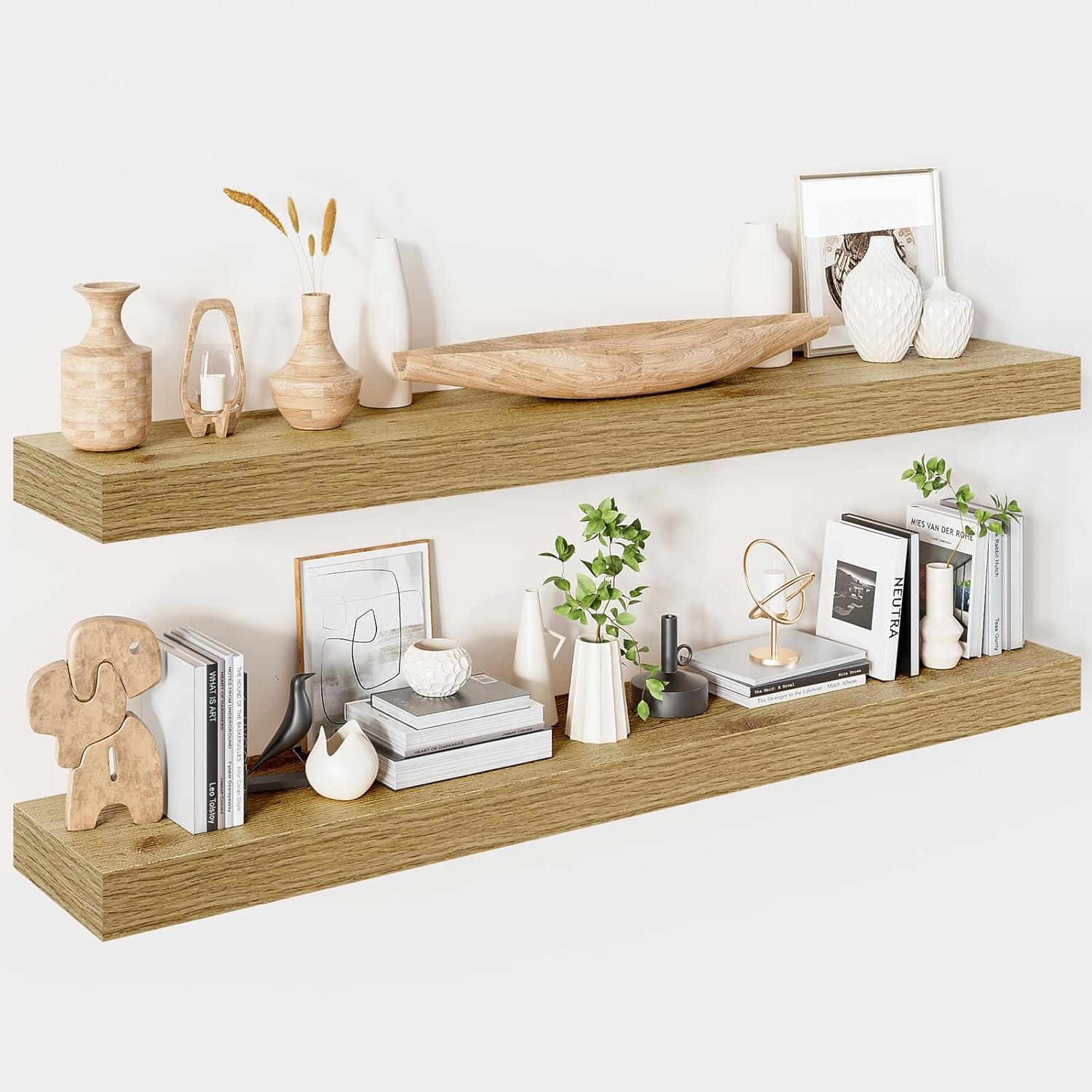 Heimlove 48 Floating Shelf Set of 2 Oak Wood Wall Mount Shelves