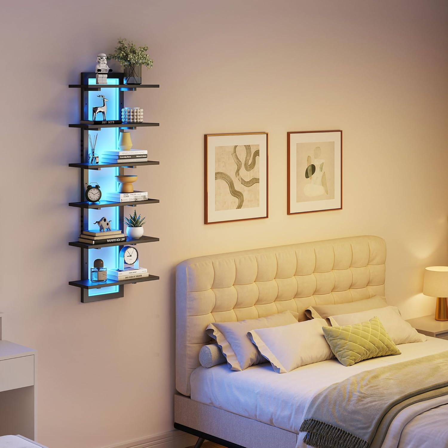 6 Tier Wall Shelf with LED Light Black Floating Shelf Unit for Home Decor and Storage