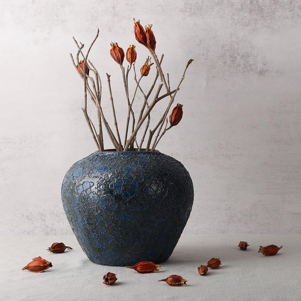 Rustic Large Blue Ceramic Vase for Home Decor